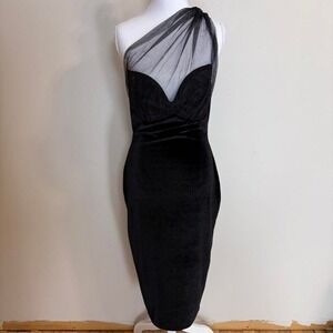 Black Velvet One Shoulder Mesh Midi Dress Women's Sz L